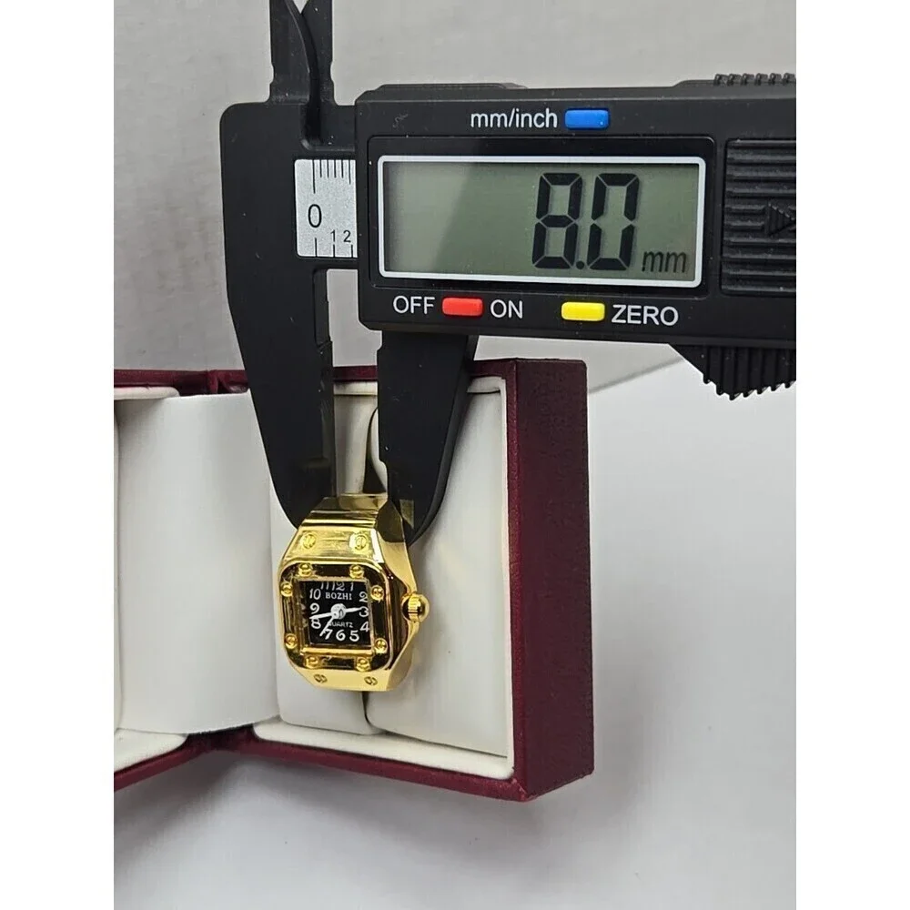 Bozhi Gold Tone Quartz Ring Watch Black Dial New Battery Retro Stretch Accessory